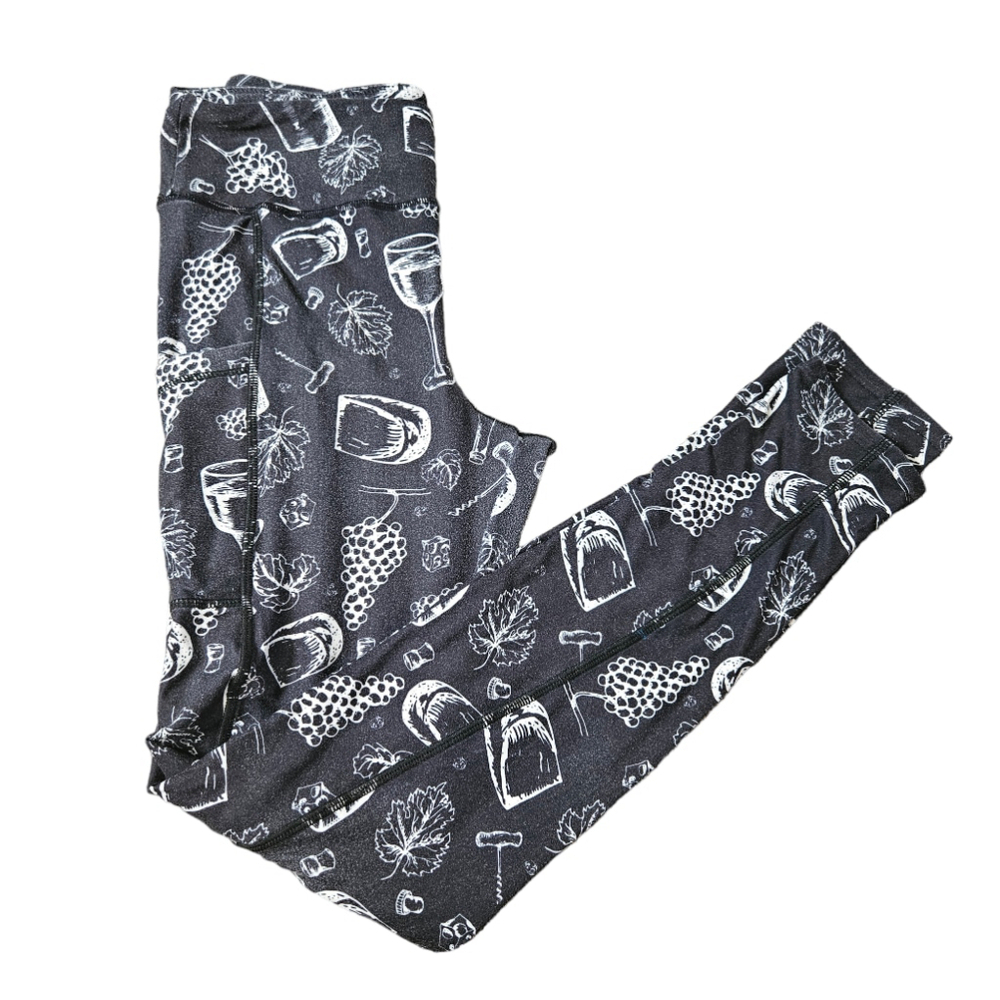 Barker Basic Leggings Wine Grapes Cheese Print OS Black White